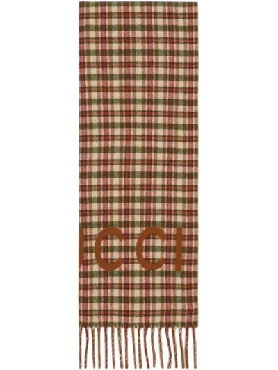 Gucci Checked Wool Scarf In Light Brown And Dark Green