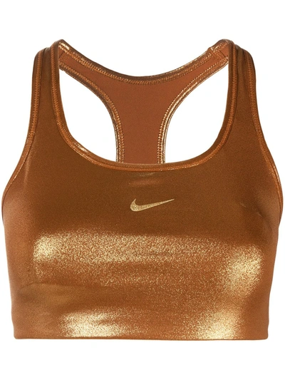 Nike Clash Shimmer Sports Bra In Brown