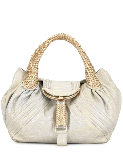 Pre-owned Fendi Braided Straps Flap Tote Bag In Silver