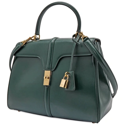 Celine Ladies Medium 16 Bag In Satinated Calfskin In Dark Green In Gold Tone,green