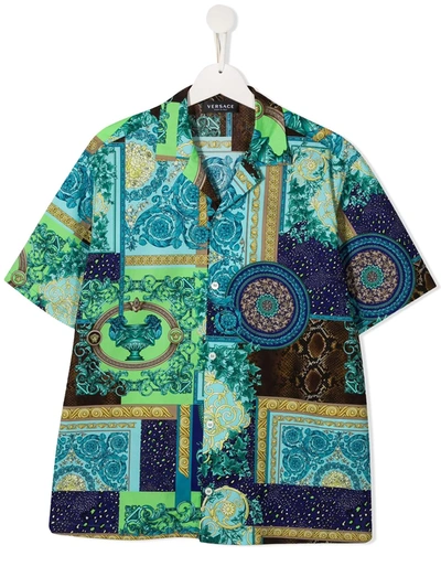Young Versace Teen Patchwork Print Shirt In Blue