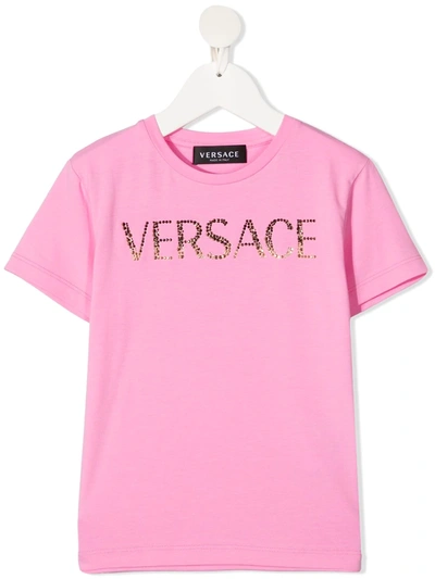 Young Versace Teen Stretch-cotton Logo Embellished T-shirt In Pink