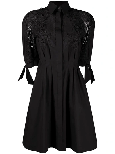 Alberta Ferretti Stretch Poplin Shirt Dress W/ Macramé In Black