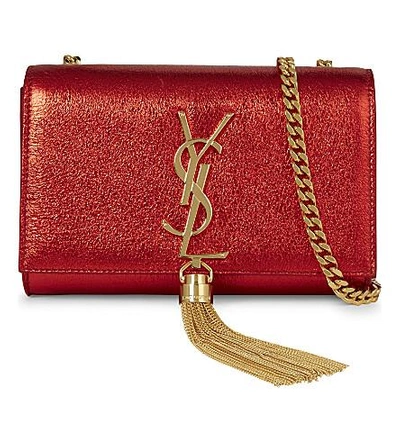 Saint Laurent Monogram Small Foil Leather Clutch In Rouge Red Metallic