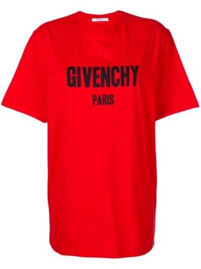 Givenchy Distressed Logo-print Cotton-jersey T-shirt In Red