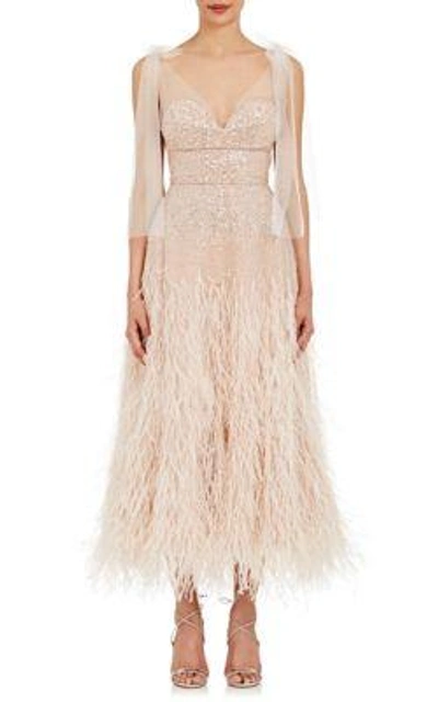 Monique Lhuillier Sequin- & Feather-embellished Tulle Midi-gown In Pink