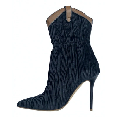 Pre-owned Malone Souliers Velvet Ankle Boots In Navy