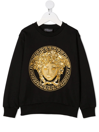 Young Versace Kids' Medusa Logo Embroidered Sweatshirt In Nero/oro