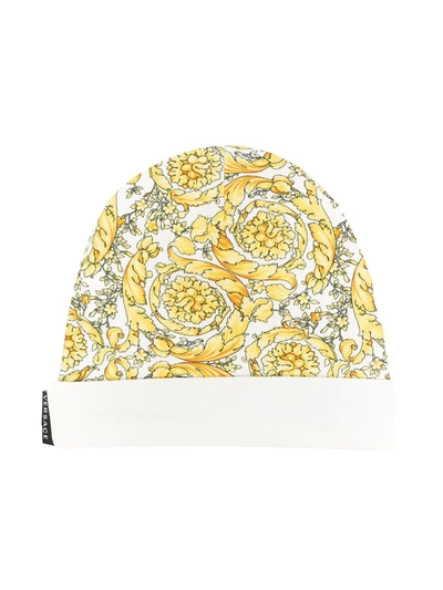 Young Versace Babies' Barocco Print Beanie In Yellow