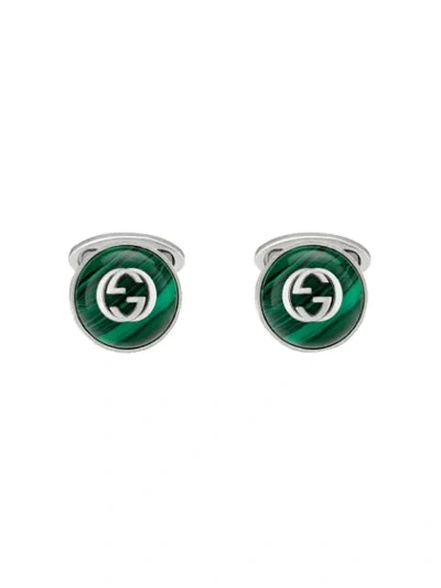 Gucci Interlocking G Enamel Cufflinks In Green,silver