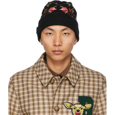 Burberry Black Merino Embroidered Rose Beanie