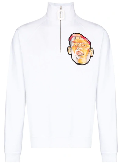 Jw Anderson White Embroidered Face Half-zip Jumper