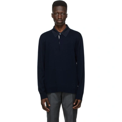 Dunhill Navy Contrast Long Sleeve Polo In 059 Ink