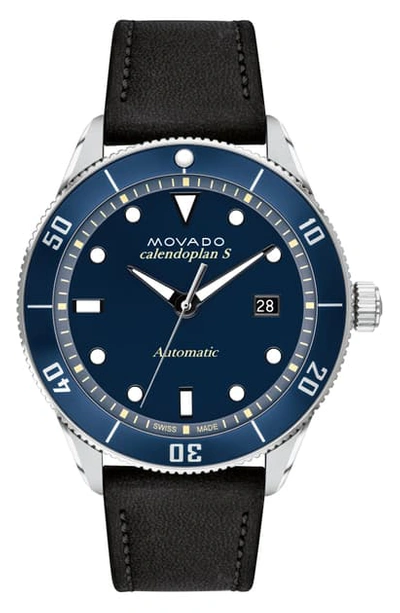 Movado Heritage Automatic Leather Strap Watch, 43mm In Black/ Blue/ Gunmetal