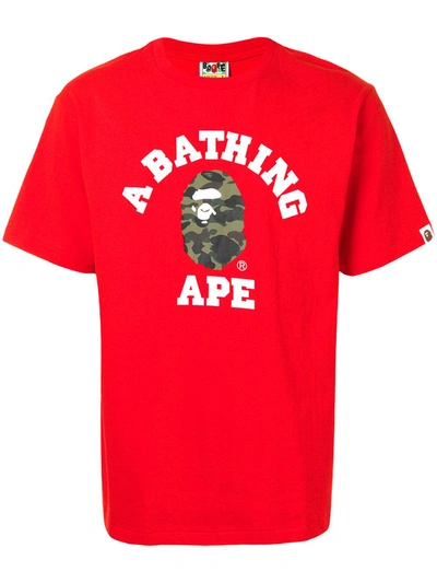 A Bathing Ape College Camouflage Logo-print Cotton T-shirt In Red