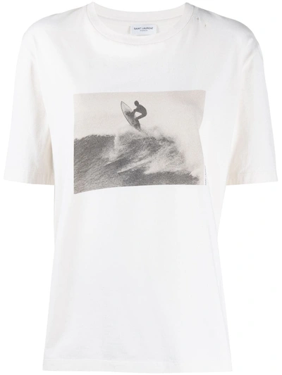 Saint Laurent Distressed Printed Cotton-jersey T-shirt In Powder