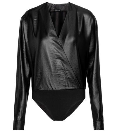 Rta Alya Wrap-effect Satin And Stretch-jersey Bodysuit In Black