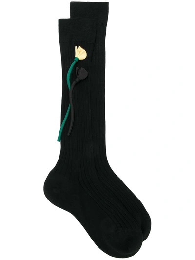 Prada Floral-embroidered Socks In Black