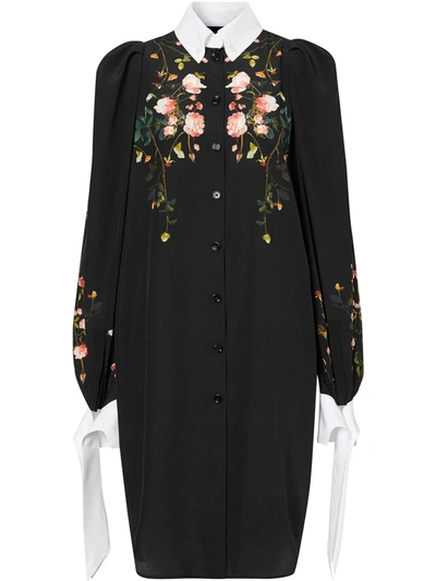 Burberry Rose Print Silk Crepe De Chine Shirt Dress In Black