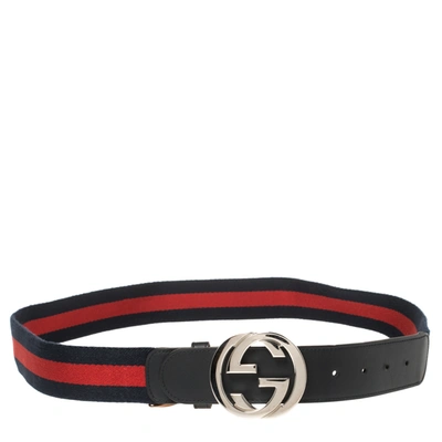 Pre-owned Gucci Blue/red Web Canvas And Leather Interlocking Gg Buckle Belt 100cm