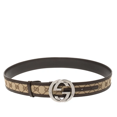 Pre-owned Gucci Brown/beige Gg Canvas And Leather Interlocking G Buckle Belt 95cm