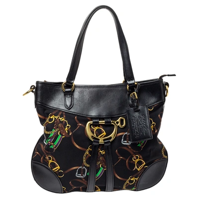 Pre-owned Ralph Lauren Black Equestrian Print Nylon And Leather Hobo