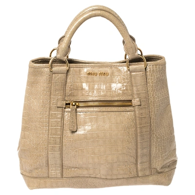 Pre-owned Miu Miu Pale Green Croc Embossed Patent Leather Front Zip Tote