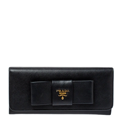 Pre-owned Prada Black Saffiano Fiocco Leather Bow Continental Wallet
