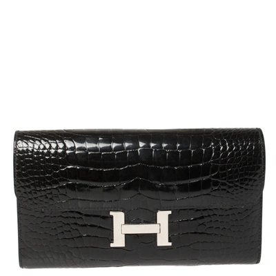 Pre-owned Hermes Black Shine Alligator Palladium Hardware Constance Wallet