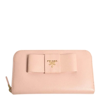 Pre-owned Prada Pink Saffiano Leather Bow Wallet