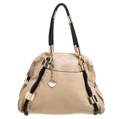 Pre-owned Dkny Beige/black Leather Metal Detail Satchel