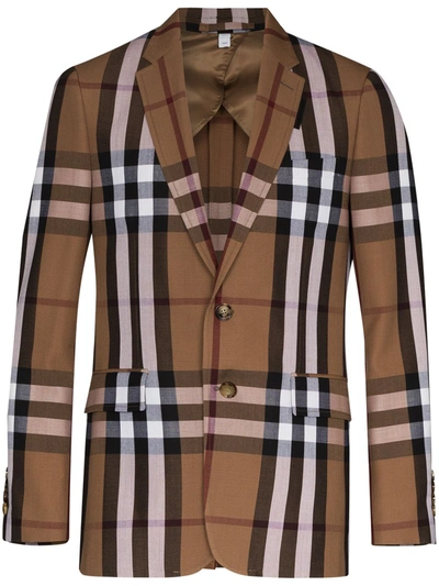 Burberry Check-pattern Single-breasted Wool Blazer In Birch Brown