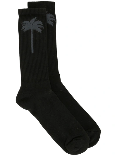 Palm Angels Palm Tree Ribbed Socks In Black