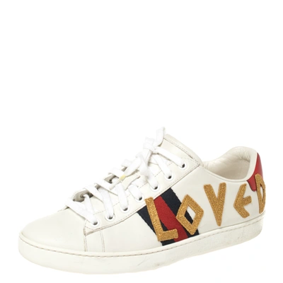 Pre-owned Gucci White Leather Loved Embroidered Ace Sneakers Size 37.5