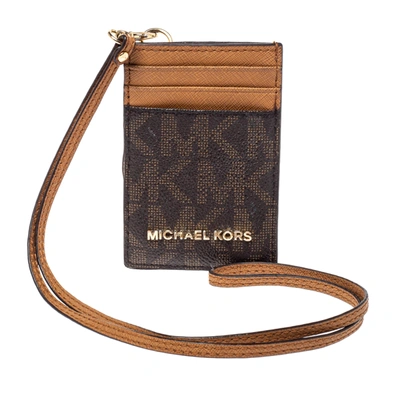 Pre-owned Michael Kors Brown Signature Coated Canvas Lanyard Id Card Holder