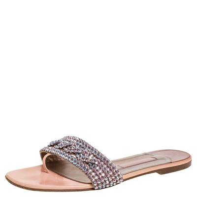 Pre-owned Gina Pink Crystal Embellished Leather Thong Flat Slides Size 39