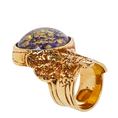Pre-owned Saint Laurent Arty Glass Cabochon Gold Tone Cocktail Ring Size 54
