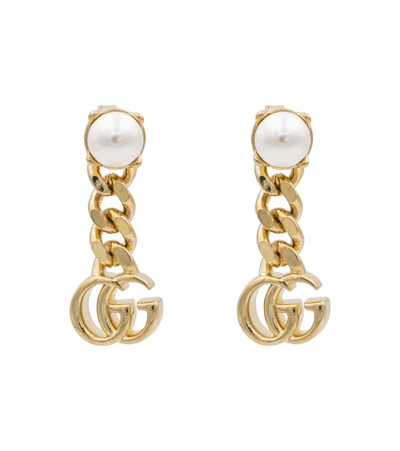 Gucci Gg Marmont Drop Earrings W/ Faux Pearl In Gold,white