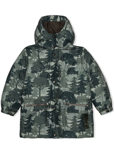Dolce & Gabbana Kids' Long Nylon Down Jacket With Hood And Forest Print In Green