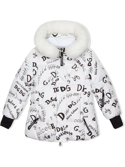 Dolce & Gabbana Kids' All-over Logo Hooded Coat In White