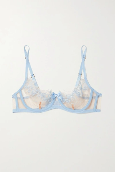 Agent Provocateur Lindie Bead-embellished Embroidered Tulle Underwired Bra In Blue