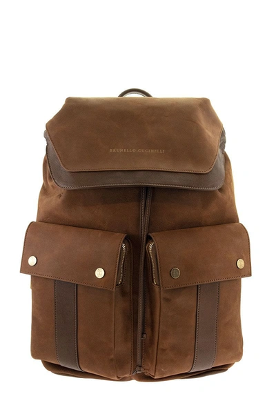 Brunello Cucinelli Vintage Nabuck And Grained Leather Leisure Backpack In Brown