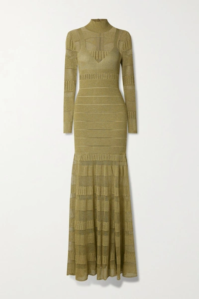 Herve Leger Pointelle-trimmed Metallic Stretch-knit Turtleneck Gown In Gold