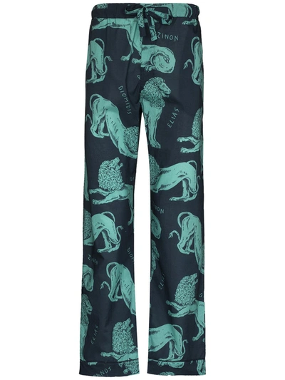 Desmond & Dempsey Circe Piped Printed Cotton Pyjama Trousers In Green