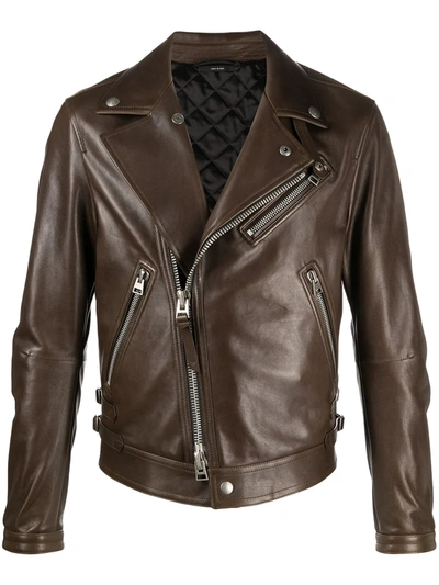 Tom Ford Shiny Leather Biker Jacket In Brown