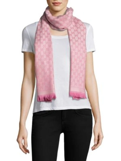 Gucci Gg Monogrammed Light Pink Wool Scarf In Ivory