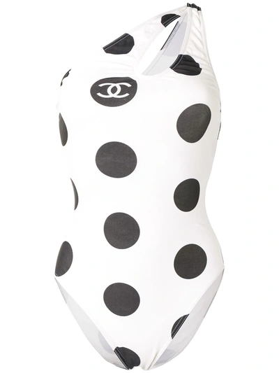 Pre-owned Chanel 1997 One-shoulder Polka Dot Swimsuit In White