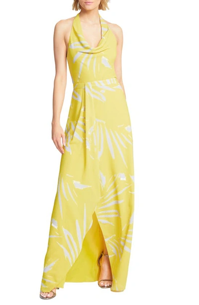 Halston Heritage Printed Halter Neck Gown In Canary Abstract Palm Leaf Pt.