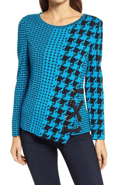 Ming Wang Houndstooth Asymmetrical Sweater In Blue/ Black