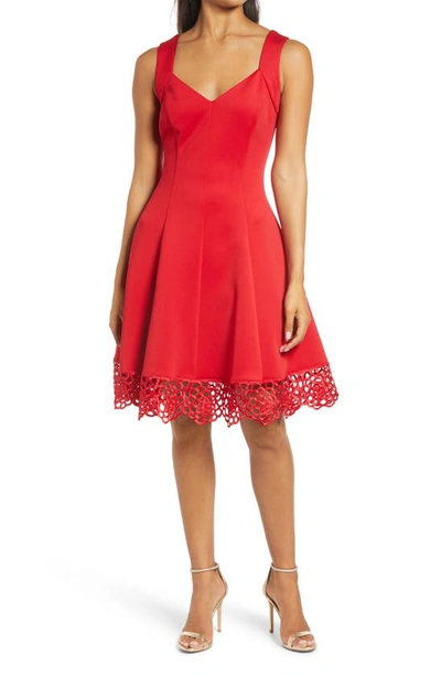 Donna Ricco Lace Trim Sweetheart Neck Fit & Flare Dress In Red